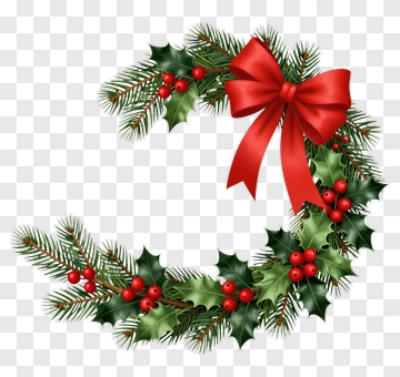Christmas Wreath With Red Bow And Holly Berries PNG