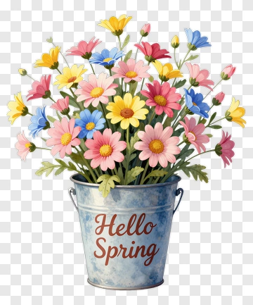 Flower Bouquet In A Metal Bucket With Hello Spring Text PNG