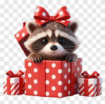 Cartoon Raccoon In A Gift Box With Red Bow PNG