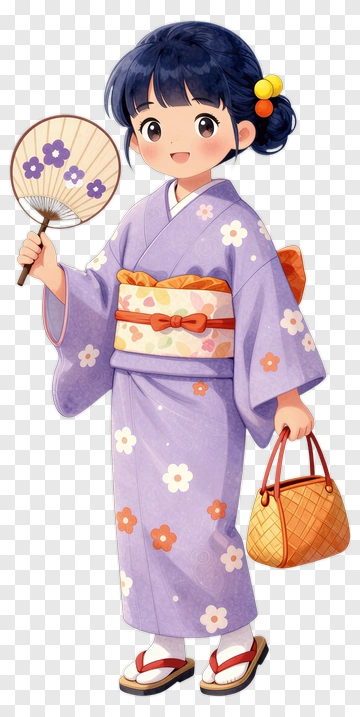 Girl In Purple Kimono Holding A Fan PNG