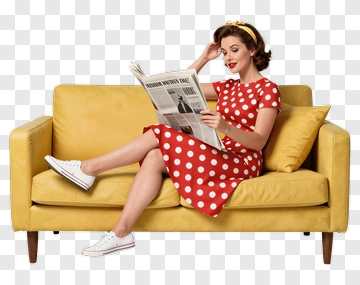 Woman Reading A Newspaper On A Yellow Sofa PNG