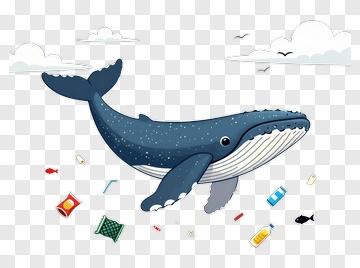 Cartoon Whale Swimming With Marine Debris PNG