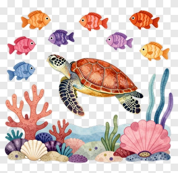 Sea Turtle Swimming Among Colorful Fish PNG
