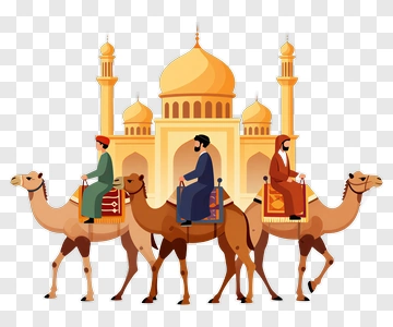 Camel Riders In Front Of A Mosque PNG