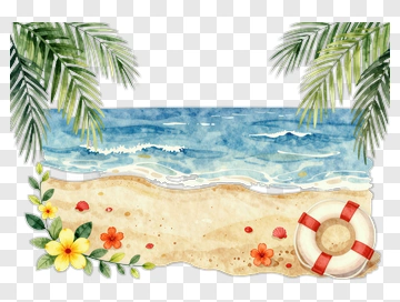 Beach Scene With Palm Leaves And Lifebuoy PNG