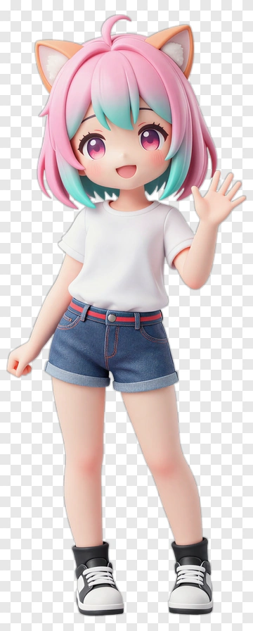 3D Girl With Cat Ears Waving PNG