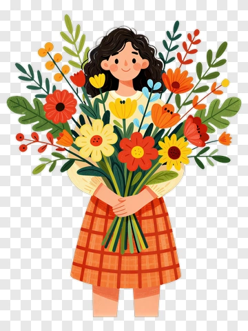 Cartoon Girl Holding A Bouquet Of Flowers PNG