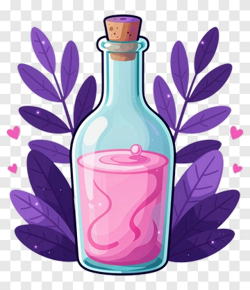 Cartoon Bottle With Pink Liquid Surrounded By Leaves PNG