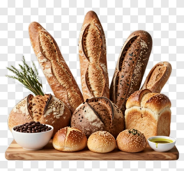 Variety Of Breads On A Wooden Board PNG