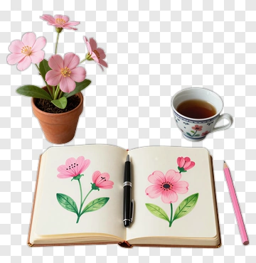 Floral Notebook With Pink Flowers And Tea Cup PNG