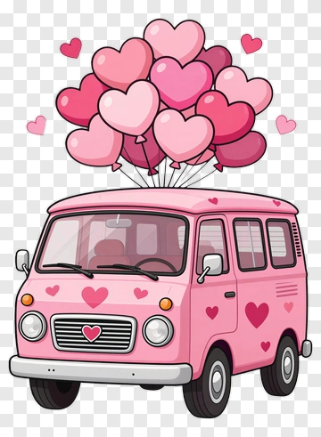 Cartoon Pink Van With Heart Balloons PNG