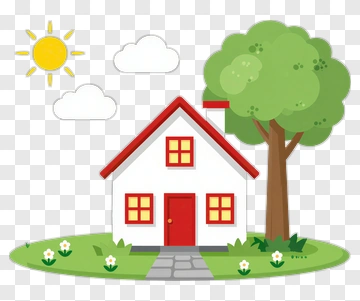 Cartoon House With Tree And Sun PNG