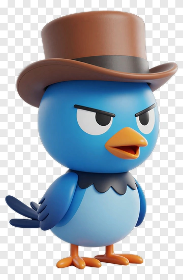 3D Cartoon Blue Bird Wearing A Top Hat PNG