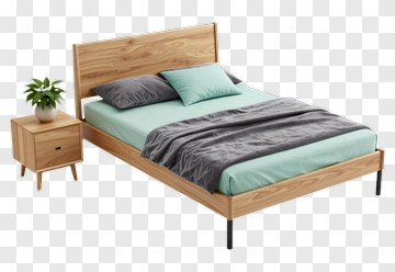 Modern Bed With Nightstand And Plant PNG