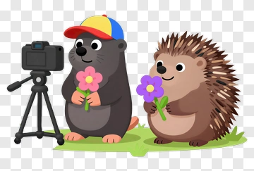 Cartoon Hedgehog And Mole Holding Flowers PNG