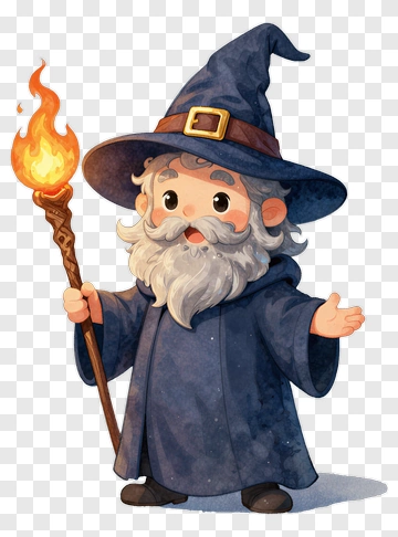 Cartoon Wizard Holding A Flame Wand PNG