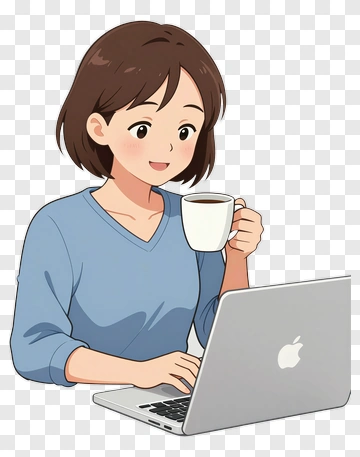 Cartoon Woman Using Laptop While Drinking Coffee PNG