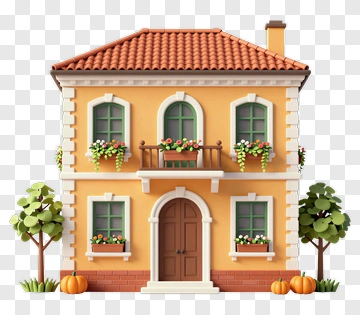 Colorful House With Trees And Pumpkins PNG