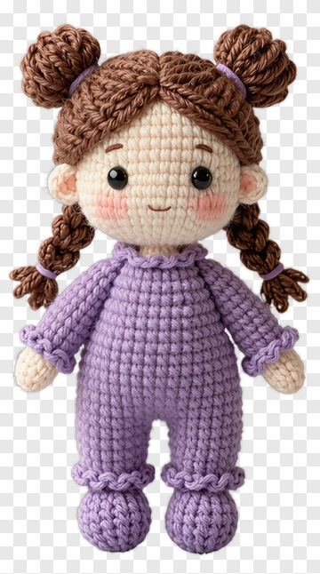 Crochet Doll With Brown Hair And Purple Outfit PNG