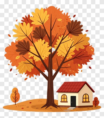 Colorful Autumn Tree With House PNG