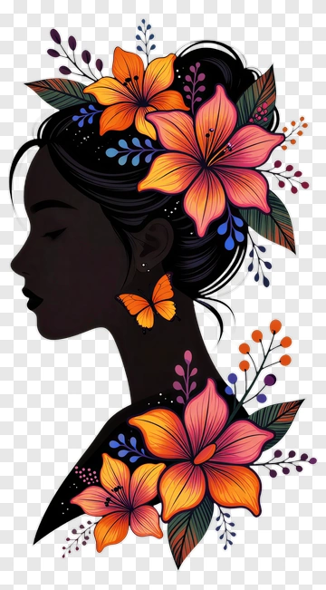 Silhouette Of A Woman With Colorful Flowers And A Butterfly PNG