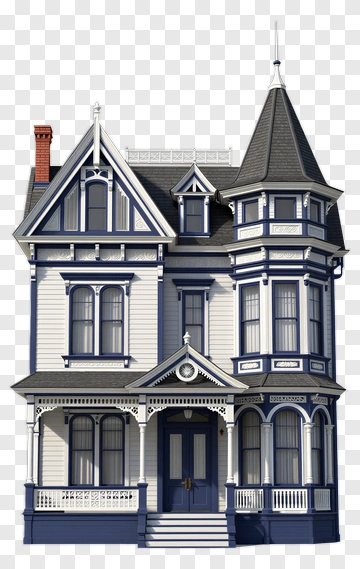Victorian Style House With Blue Trim PNG