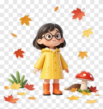 Cartoon Girl In Yellow Raincoat Surrounded By Autumn Leaves PNG
