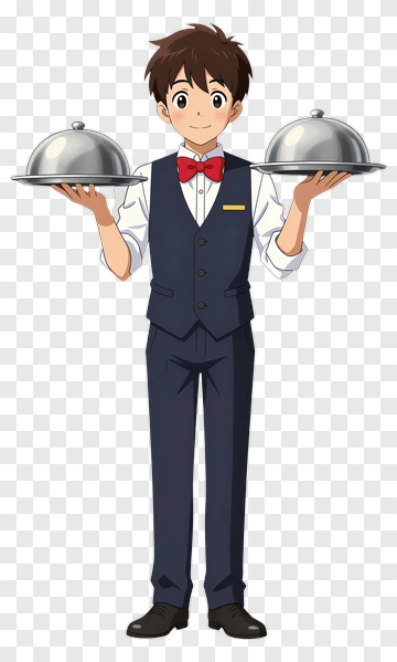 Waiter Holding Two Silver Trays PNG