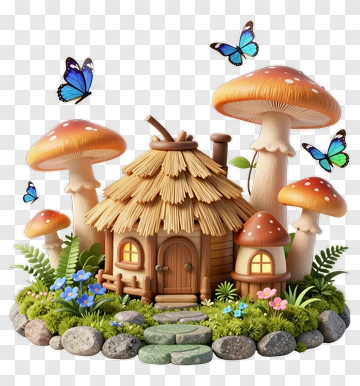 Whimsical Mushroom House With Butterflies PNG
