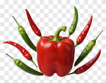 Red Bell Pepper Surrounded By Green And Red Chili Peppers PNG