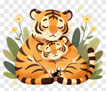 Cartoon Tigers Embracing In A Floral Background PNG