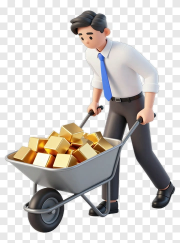 3D Businessman Pushing A Wheelbarrow Full Of Gold Bars PNG