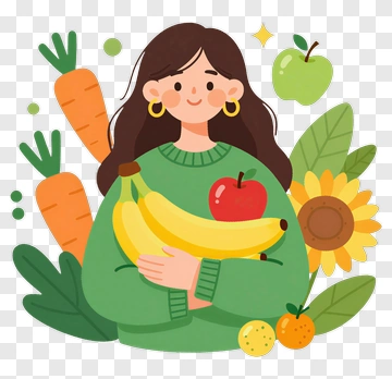 Cartoon Woman Holding Fruits And Vegetables PNG