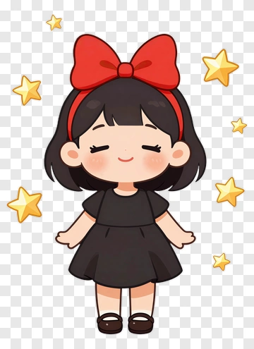 Cartoon Girl With Red Bow And Stars PNG