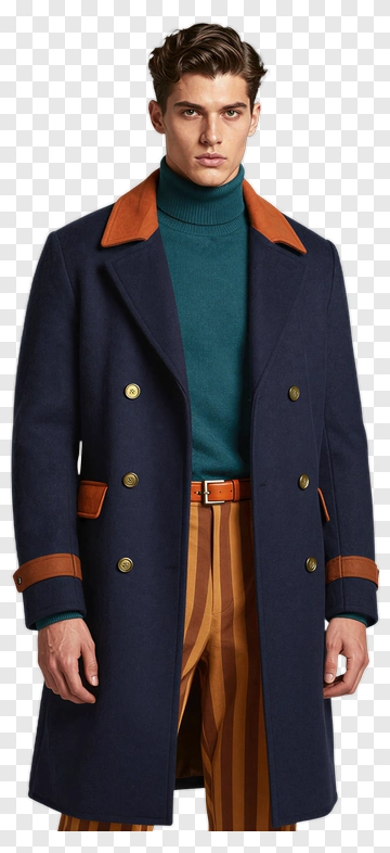 Man Wearing A Stylish Overcoat With Striped Pants PNG