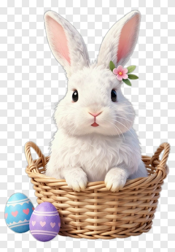 Cute Rabbit In A Basket With Easter Eggs PNG