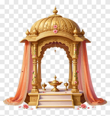 Decorative Golden Mandap With Drapes And Flowers PNG