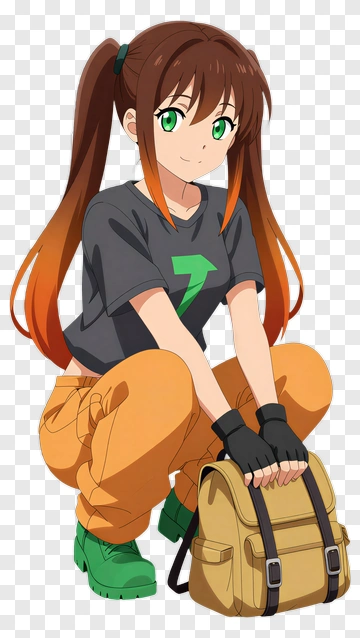 Anime Girl Squatting With Backpack PNG