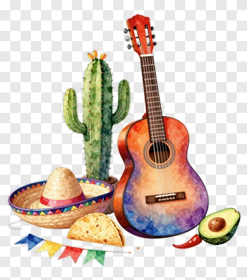 Colorful Mexican Fiesta Composition With Guitar And Cactus PNG