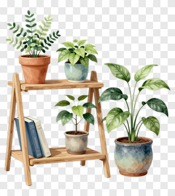 Potted Plants On Wooden Shelf PNG