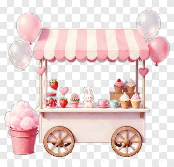Cute Cotton Candy Cart Stand With Balloons PNG