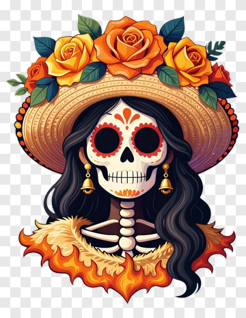 Colorful Sugar Skull Woman With Floral Hat PNG