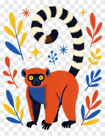 Colorful Lemur Surrounded By Leaves PNG