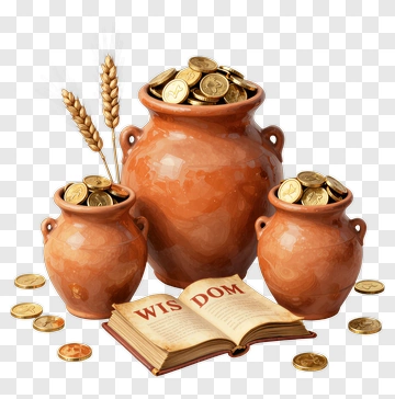 Jars Of Coins And A Book Of Wisdom PNG