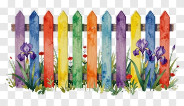 Colorful Wooden Fence With Flowers PNG