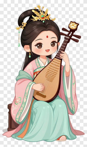 Cartoon Woman Playing A Pipa PNG