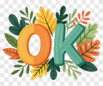 Colorful Ok Letters Surrounded By Leaves PNG