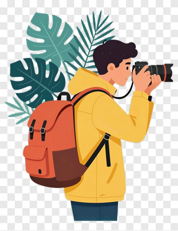 Cartoon Photographer With Backpack And Tropical Leaves PNG