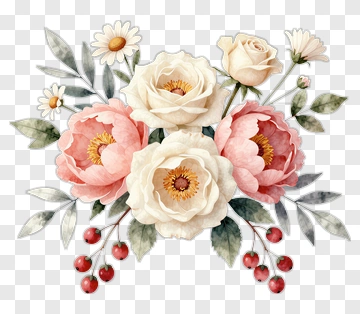 Watercolor Flower Bouquet With Pink And White Roses PNG