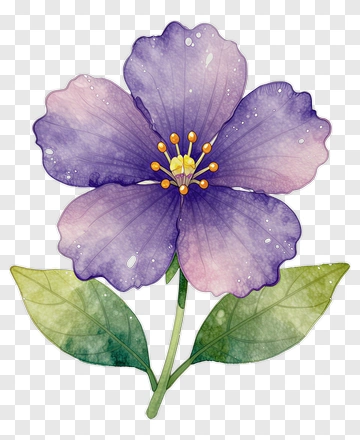 Watercolor Purple Flower With Green Leaves PNG